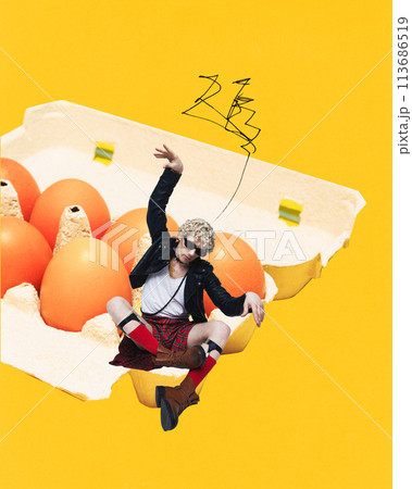 Poster. Contemporary art collage. Man in Scottish kilt sitting on box with eggs against vibrant yellow background. 113686519