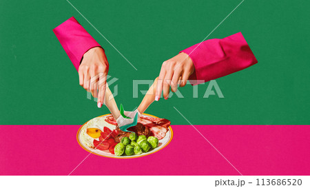 Poster. Contemporary art collage. Female hands hold female legs by which eating fruits against pink-green background. 113686520