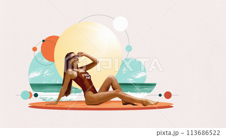 Elegant beautiful young woman in swimming sit relaxed on beach by sea, sunbathing. Contemporary art collage. 113686522