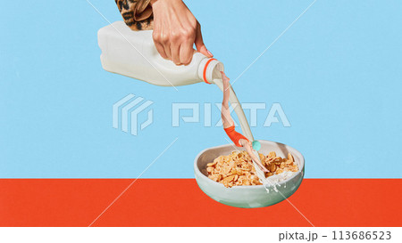 Poster. Contemporary art collage. Poster. Contemporary art collage. Hand pouring milk with diving swimmer to cereal against orange-blue background. 113686523