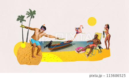 Happy, joyful young people, men and women relaxing on beach, sunbathing, diving, swimming. Contemporary art collage. 113686525