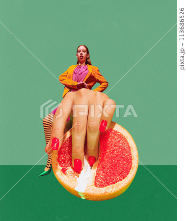 Poster. Contemporary art collage. Girl dressed bright retro outfit peels half grapefruit against green background 113686526