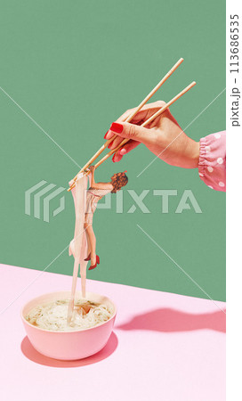 Poster. Contemporary art collage. Hand with red nails holding chopsticks lifting a tiny woman from noodle bowl. 113686535