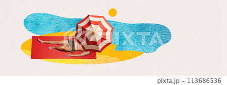 Muscular man in shorts lying on beach by sea under umbrella and sunbathing. Contemporary art collage. 113686536