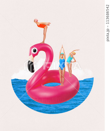 Young girls in swimming suits standing on flamingo swimming circle and diving into sea. Summertime vibe. Contemporary art collage. 113686542
