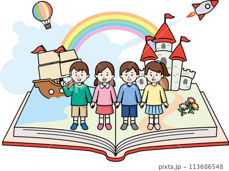 手をつないで本の上に立つ子供たち 113686548