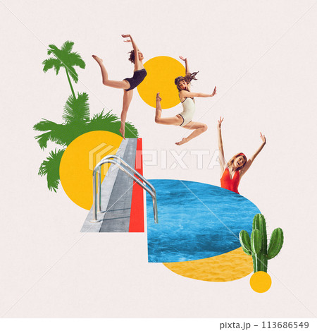 Happy, beautiful, young women in retro swimsuits cheerfully jumping into swimming pool against white background with bright elements. Contemporary art collage. 113686549