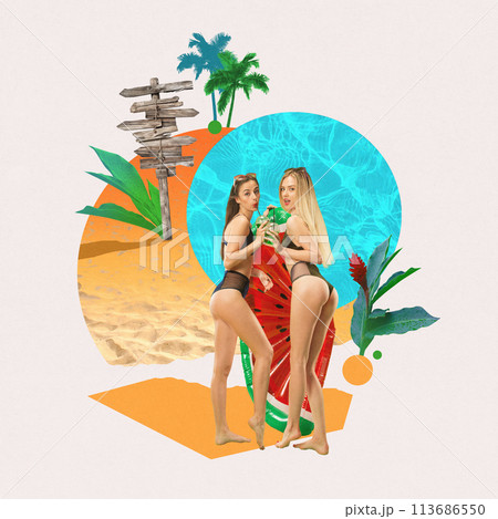 Young women, friends in swimming suit standing on beach near pool and drinking cocktails. Relaxation. Contemporary art collage. 113686550