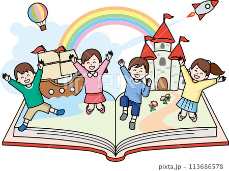 本の上でジャンプする子供たち 113686578