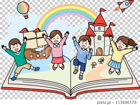 本の上でジャンプする子供たち 113686578