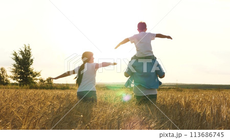 Happy family running at sunset dry wheat field with open hands flying imagination back view. Cheerful mother father and son fooling playing together flight fantasy imagine freedom happiness and unity 113686745