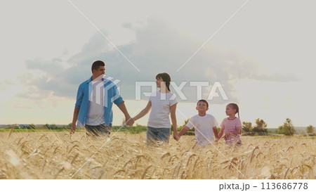Mother father and kids holding hands walking at dry wheat field with love and unity. Happy family parents and kids going agriculture harvest plantation spending time together freedom outdoor weekend Mother father and kids holding hands walking at dry wheat field with love and unity. Happy family parents and kids going agriculture harvest plantation spending time together freedom outdoor weekend 113686778