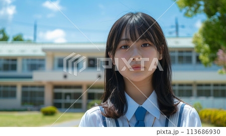 校舎の前に立つ女子高生 113686930