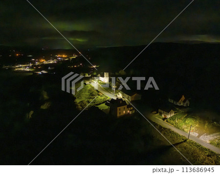 Aerial night view of Portnoo in County Donegal, Ireland. 113686945