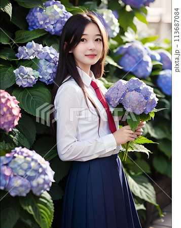 イラスト素材 : 紫陽花の前で立つ女性(側面) 113687084