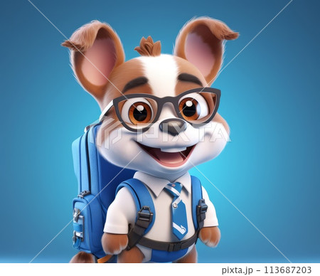 Cute funny dog cartoon character running to school with backpack, flat illustration, mascot Cute funny dog cartoon character running to school with backpack, flat illustration, mascot 113687203
