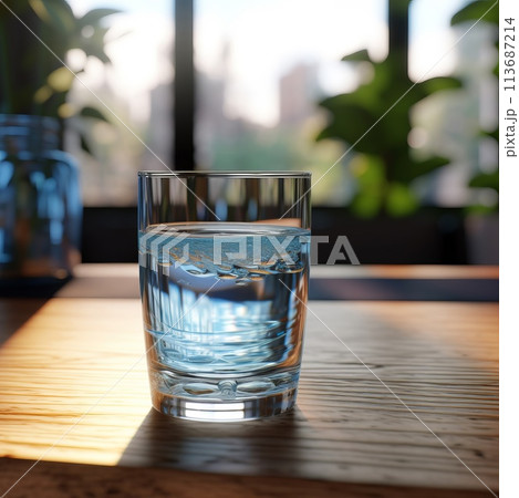 Glass of pure water on kitchen table 113687214