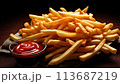 French fries with ketchup on wooden table 113687219