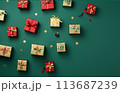 christmas decoration with gifts. flat lay view background with copy space 113687239