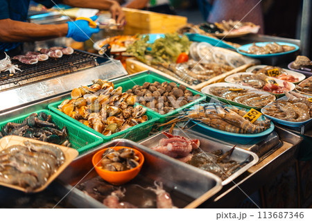Fresh shrimp and seafood for sale at the market Fresh shrimp and seafood for sale at the market 113687346