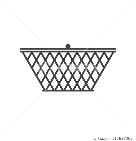 Wicker storage basket with lid. Vector drawing on blank background. Isolated black and white silhouette. Wicker storage basket with lid. Vector drawing on blank background. Isolated black and white silhouette. 113687365