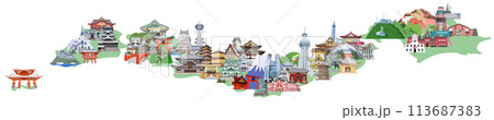 日本列島観光地イラストマップ　鳥瞰図　グリーン 113687383