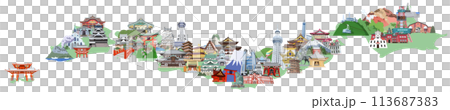 日本列島観光地イラストマップ　鳥瞰図　グリーン 113687383