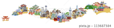 日本列島観光地イラストマップ　鳥瞰図　イエロー 113687384