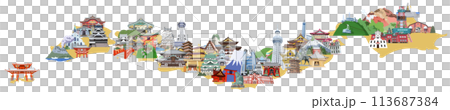 日本列島観光地イラストマップ　鳥瞰図　イエロー 113687384