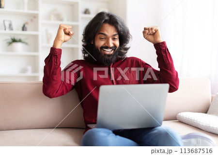 Excited man celebrating success with laptop at home Excited man celebrating success with laptop at home 113687516