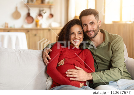 Happy pregnant couple embracing on the sofa Happy pregnant couple embracing on the sofa 113687677