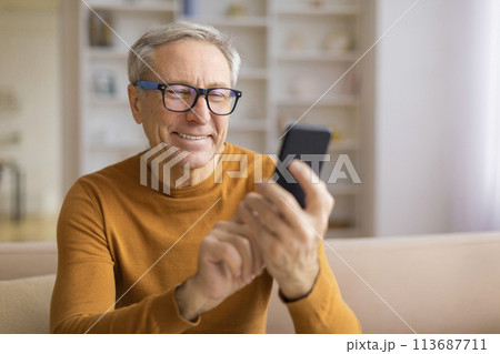 Smiling senior with glasses looking at phone 113687711