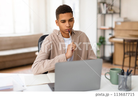 Pensive male working on a laptop 113687715