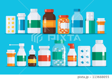 Group of Medicine bottles capsules vector illustration 113688055