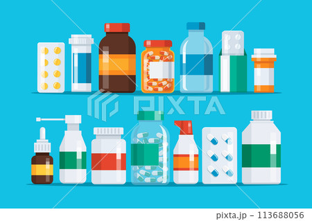 Group of Medicine bottles capsules vector illustration 113688056