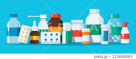 Group of Medicine bottles capsules vector illustration 113688063