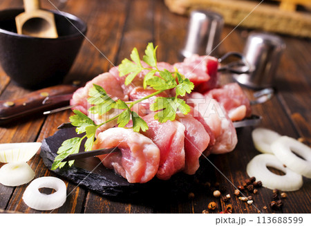 Raw meat kebab. Top view, copy space. Raw kebab in spices. Raw meat kebab. Top view, copy space. Raw kebab in spices. 113688599