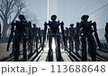 3d rendering of robotics army, industrial group of cyborg machines on factory background. Futuristic AI robotic team, artificial intelligence technology concept. 113688648