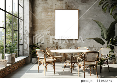 Contemporary dining room interior design mockup with white marble table, rattan chairs, and lush plants in spacious, sunlit industrial-style loft with large windows and blank white framed picture 113688731