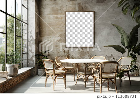 Contemporary dining room interior design mockup with white marble table, rattan chairs, and lush plants in spacious, sunlit industrial-style loft with large windows and blank white framed picture 113688731