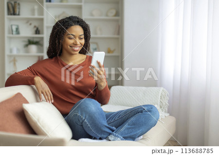 Black Woman Sitting on Couch Using Cell Phone Black Woman Sitting on Couch Using Cell Phone 113688785