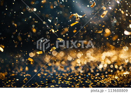 Golden Confetti Flying Against a Black Background, Ideal for Celebrations and Holidays 113688809
