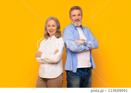 Confident retired husband and wife standing with crossed arms, studio 113689091