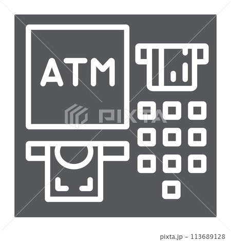 ATM glyph icon, finance and cash, banking machine sign, vector graphics, a solid pattern on a white background. ATM glyph icon, finance and cash, banking machine sign, vector graphics, a solid pattern on a white background. 113689128