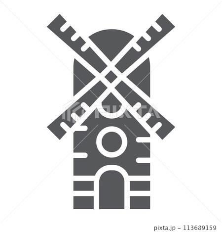 Windmill glyph icon, farm and wind, mill sign, vector graphics, a solid pattern on a white background. Windmill glyph icon, farm and wind, mill sign, vector graphics, a solid pattern on a white background. 113689159