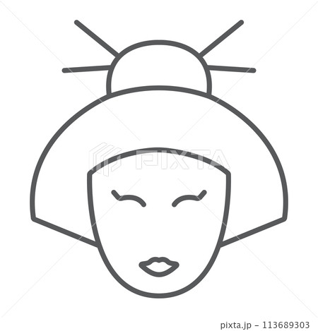 Geisha thin line icon, japan and girl, japanese woman sign, vector graphics, a linear pattern on a white background. Geisha thin line icon, japan and girl, japanese woman sign, vector graphics, a linear pattern on a white background. 113689303
