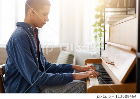 Young man playing piano in bright room 113689464