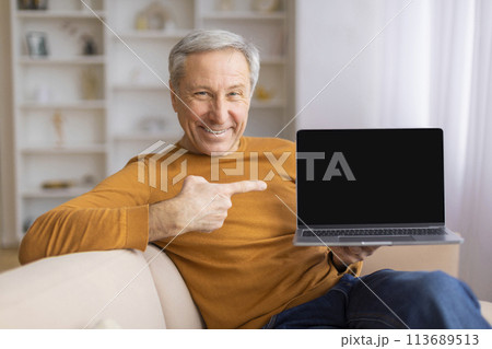 Senior showing blank laptop screen with pointing finger Senior showing blank laptop screen with pointing finger 113689513