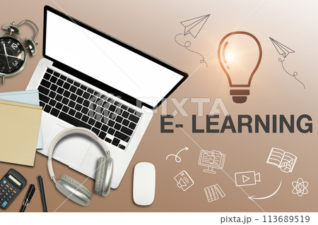 Laptop, headphone and stationery on brown background. E-learning and online education concept 113689519