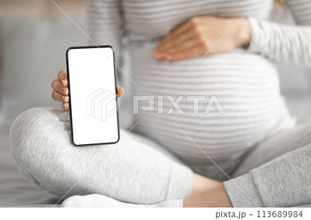 Mother-to-be holding smartphone with copyspace screen 113689984